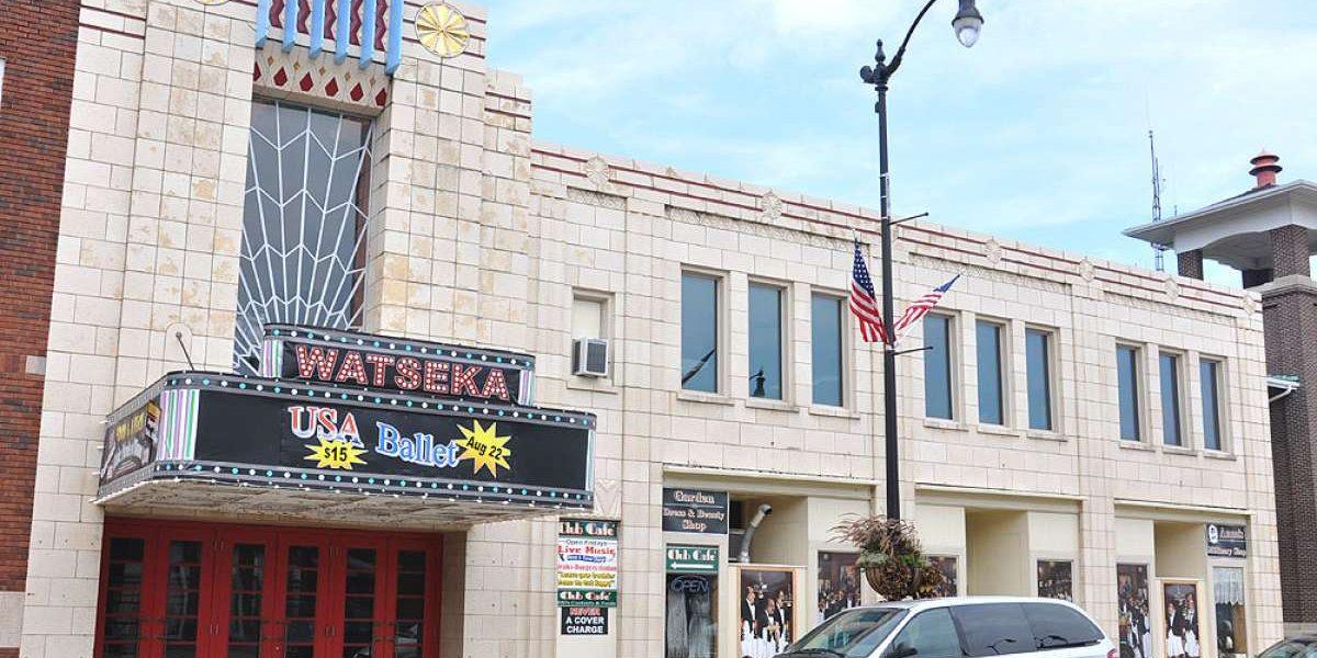 Watseka theater with a banner reading USA ballet $15